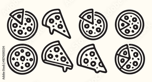 Nine Black and White Pizza Icons Whole Slices Simple Line Art Food Graphic vector
