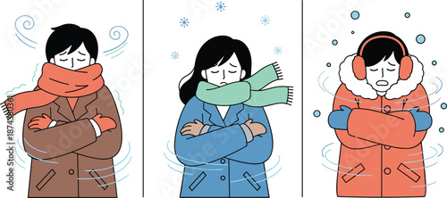 Three people shivering in winter clothing with wind, snowflakes, and ice particles - flat vector illustration