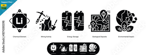 glyph icons set depicting lithium mining concepts, chemical element, mining activity, energy storage, geological deposits, and environmental impact.
