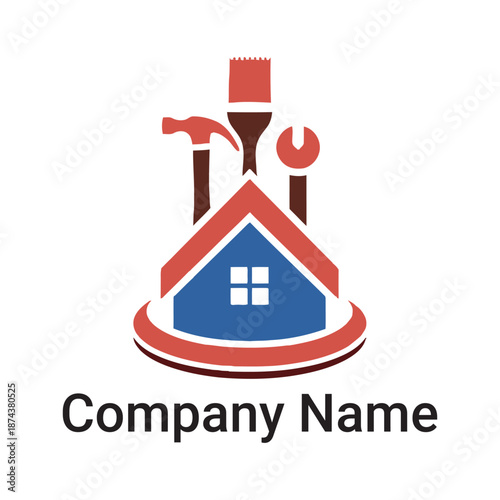 Home maintenance and repair service logo with hammer paintbrush wrench and house shape