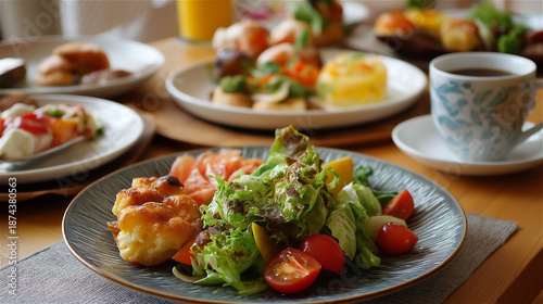 朝食が並ぶテーブルでサラダにフォーカスしたシーン