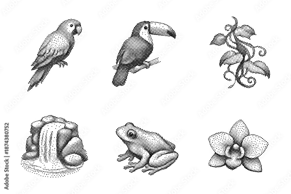 Fototapeta premium Tropical wildlife and nature in stipple art style