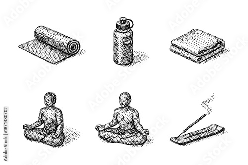 Halftone meditation and yoga icons set with mat, bottle, and incense stick