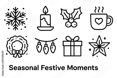 Festive Season Icons. Seasonal Festive Moments set in outline vector style: falling snowflake, cozy candle, holly sprig, warm mug, festive wreath, twinkle lights, wrapped box, winter star