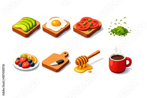 Isometric Breakfast Toast Icons. Breakfast toast set in isometric flat vector : avocado slice, egg topping, tomato slice, herb sprinkle, honey drizzle icon, fruit side, cutting board, warm cup