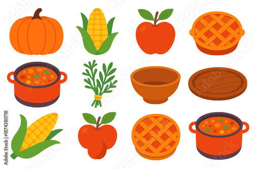 Modern Harvest Feast Icons. Harvest feast set vector set in modern flat style : pumpkin, corn ear, apple bunch, baked pie, stew pot, herb bundle, wooden bowl, rustic platter