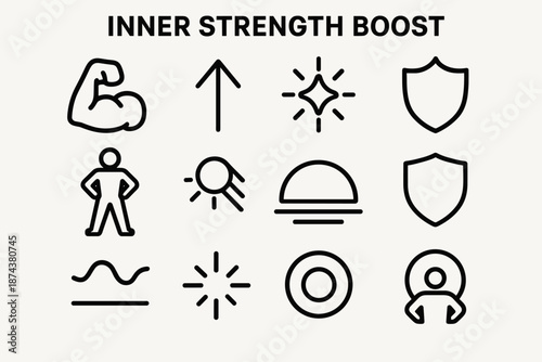 Inner Strength Symbols. Inner Strength Boost set in outline vector style: flexed arm silhouette, upward arrow icon, radiant star, bold stance figure, sun arc,