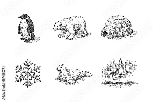 Hand drawn arctic wildlife and scenery with penguin, polar bear, and igloo