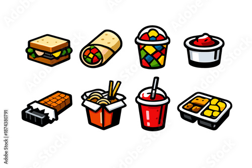 Bold Quick Meals Icons. Quick meals icon set in silhouette bold style. Contain sandwich, wrap, fruit cup, yogurt tub, granola bar, noodle cup, smoothie cup, snack pack