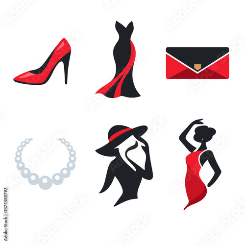 Elegant Fashion Icons. Fashion elegance vector set in modern flat style : high heel shoe, evening gown, clutch bag, pearl necklace, hat silhouette, graceful pose