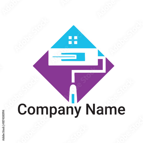 Interior painting and wall decoration logo with paint roller tool and house silhouette