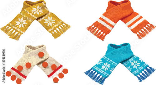 Winter scarf collection with snowflake, stripe, pom-pom, and fringe details in assorted colors - flat vector illustration