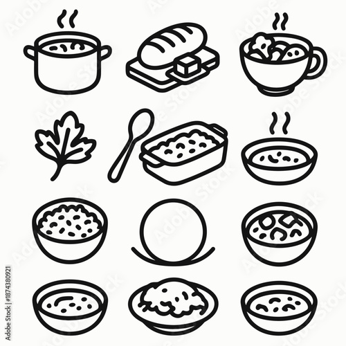 Hearty Meal Icons. Family Hearty Meals set in outline vector style: shared stew pot, loaf and butter, roasted veggie bowl, warm soup cup, herb garnish leaf,