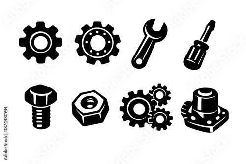 Brutalist Gear Icons. Gear icon set in silhouette bold style. Contain gear, cogwheel, wrench, screwdriver, bolt, nut, gear assembly, machine part