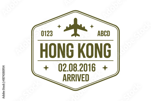Vintage travel stamp design featuring an airplane and the city of hong kong