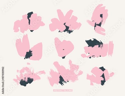 Abstract floral pink elements set. Hand painted style flowers with textured brush effect. Modern organic shapes. Perfect for branding, packaging, textile design, posters, cards and surface design