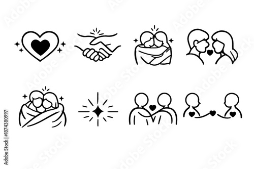 Intertwined Hearts Icons. Intimacy basicsset in outline vector style heart icon, intertwined hands, hugging figures, shared gaze, warm glow, cozy blanket, soft spark, connection line