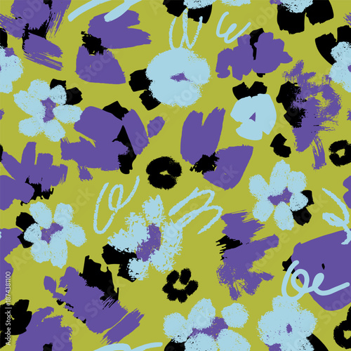 Seamless abstract floral pattern featuring bold hand-painted textured purple and blue shapes on a green background. Ideal for textile prints, packaging, wallpapers, fabric design
