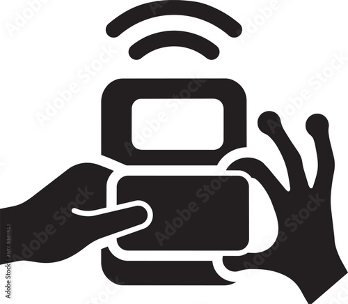 NFC payment transaction, hand holding device for contactless payment, digital wallet technology concept