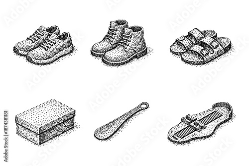 Detailed pointillism shoe collection: sneakers, boots, and sandals with accessories