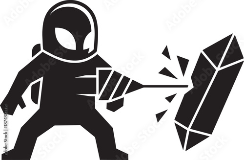 Space miner alien astronaut icon drilling large crystal with futuristic energy weapon drill bit