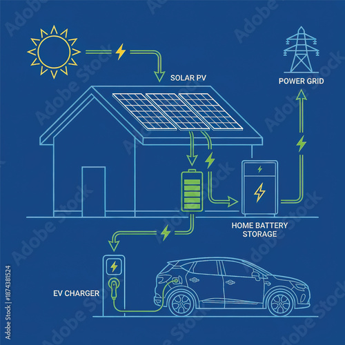  infographic showing how solar panels, home battery storage, and EV charger create a self-sufficient home energy ecosystem, with the option to sell excess power back to the grid. Vector illustration