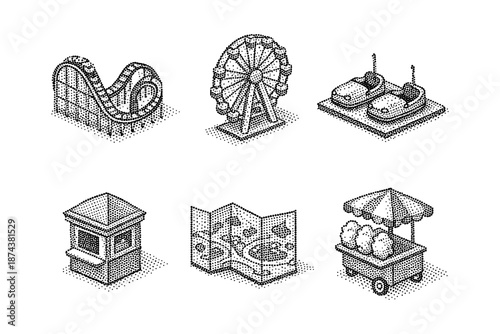 Isometric halftone carnival icons: roller coaster, ferris wheel, bumper cars, ticket booth, map, and cart