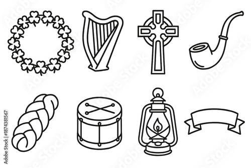 Irish Icon Collection. St. Patrick’s Day Irish Traditions set in outline vector style: clover wreath, harp silhouette, Celtic cross, rustic pipe, braided bread,