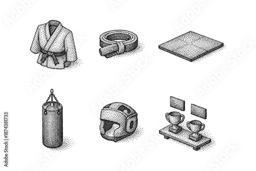 Halftone sports equipment set: karate gear, boxing, and awards