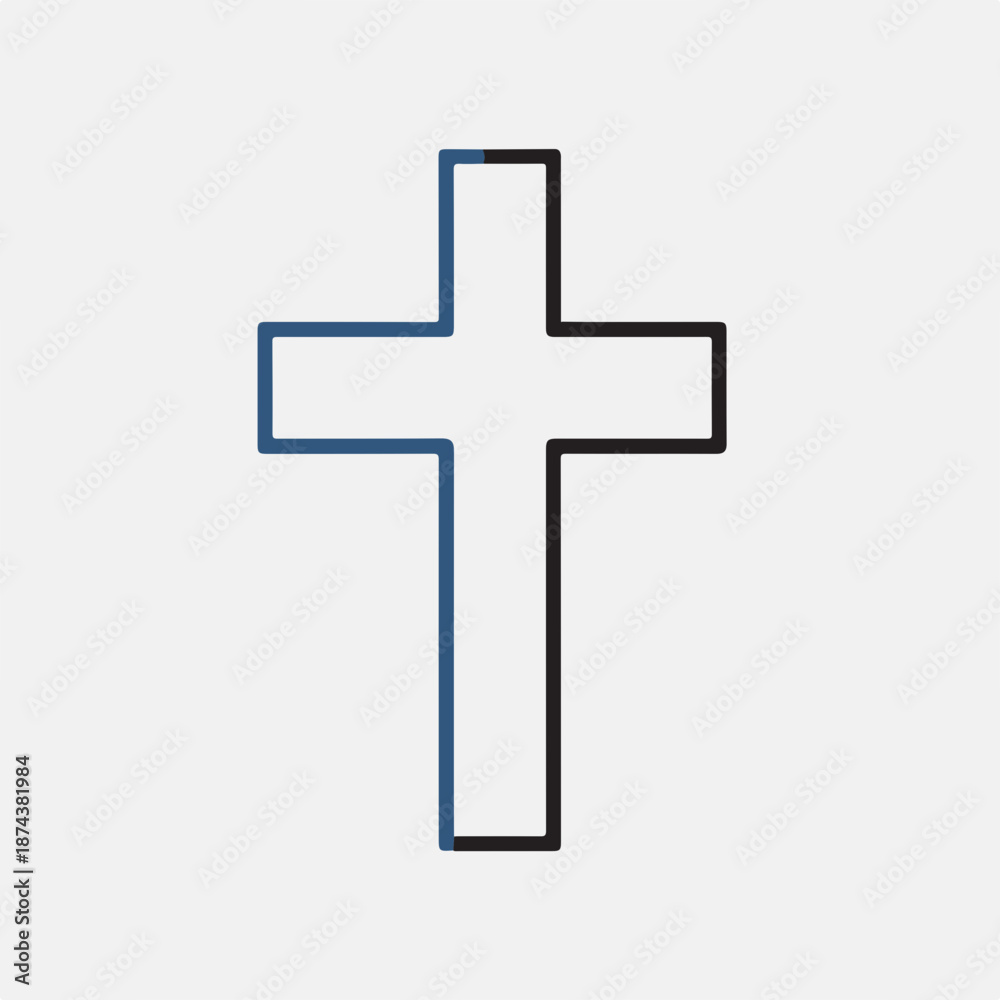 Fototapeta premium Simple outline of cross symbol in blue and black colors for religious context. Cross design represents faith, spirituality, and baptism ceremonies.