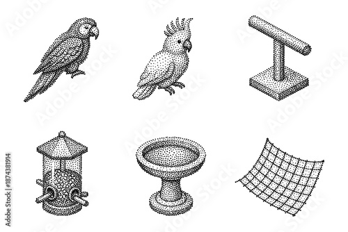 Dot art birds and accessories: parrot, cockatoo, bird feeder, perch, bath, net
