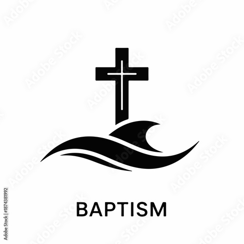 Baptism symbol with cross and waves representing spiritual significance. Baptism includes a cross over ocean waves symbolizing purification and rebirth. Concept for baptism-related events,