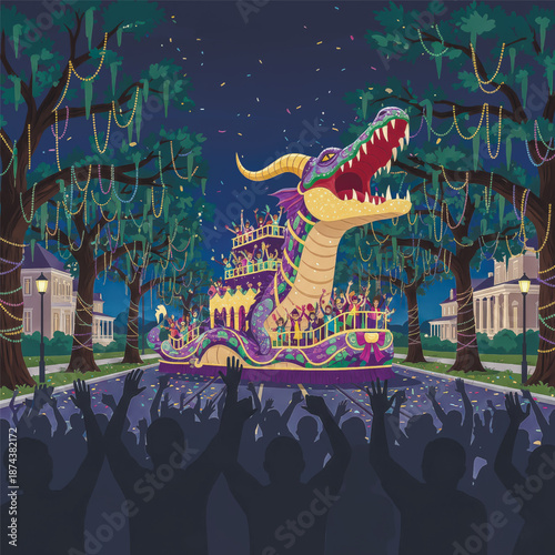  An excited crowd cheers as a massive, colorful dragon float travels down a street lined with bead-draped trees during a festive night parade.. Vector illustration