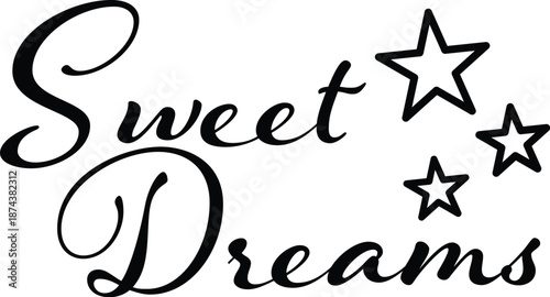 Fotografía Sweet Dreams elegant black and white script typography with outline stars