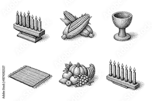 Isometric vintage dot art of kwanzaa and thanksgiving symbols