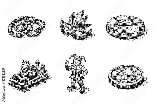 Isometric carnival icons: mask, beads, clown, and festive elements in halftone style