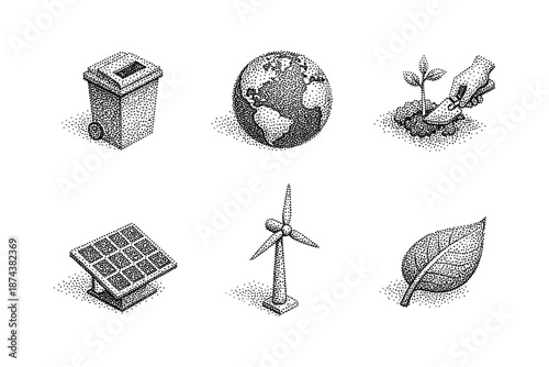 Dot art icons of sustainability: recycling, renewable energy, and nature conservation