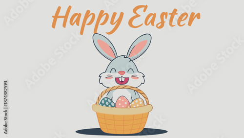 Cute Easter bunny holding colorful eggs in basket