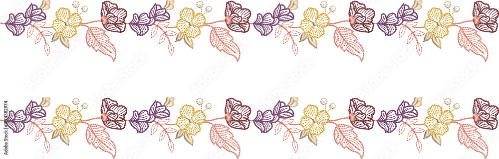 Fototapeta premium New art work Neck line shirt motif bunch lace border Embroidery Design Pattern Patch floral ornament textile ethnic flowers and leafs plants colur full design seleves and patti Embroidery design