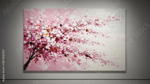 A beautiful painting of a cherry blossom tree in pink and white hues on canvas