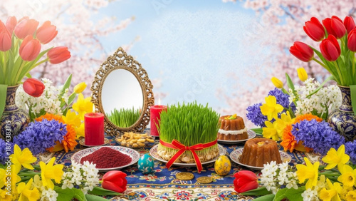 A vibrant and colorful Nowruz celebration setup with flowers, candles, and traditional foods on a decorative tablecloth.