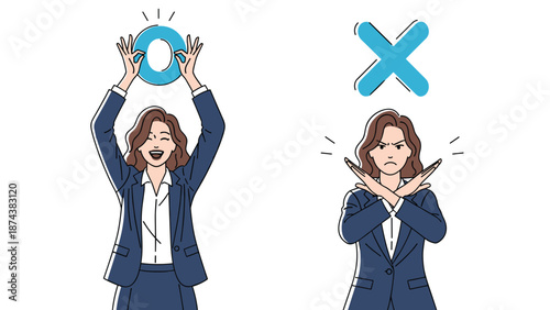 Professional woman demonstrating clear yes and no signals with arm gestures for decision making and instructions.