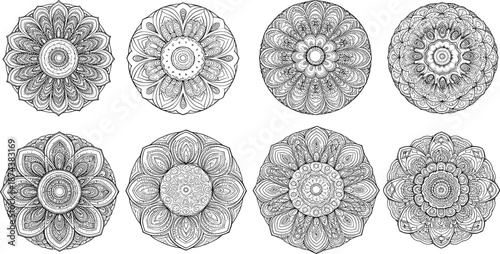 Intricate mandala vector set featuring highly detailed circular patterns, floral symmetry, and ornamental line art for decorative designs