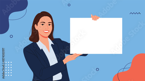 Smiling businesswoman in a formal suit holding a large blank white placard for customizable text or advertisements.