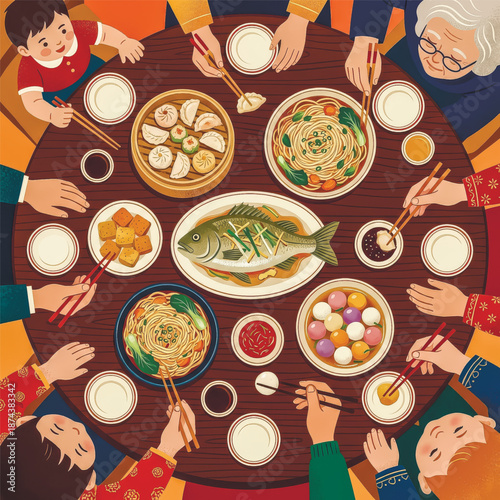 A heartwarming top-down illustration of a multi-generational family sharing a festive Chinese reunion dinner, celebrating tradition and togetherness. . Vector illustration