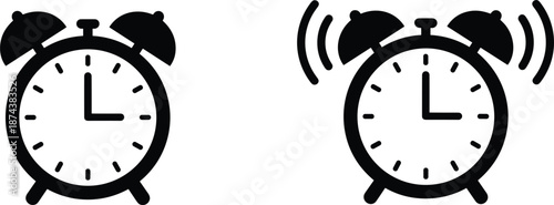 Professional alarm clock icon set featuring classic twin bell designs with a ringing motion alert and still version.