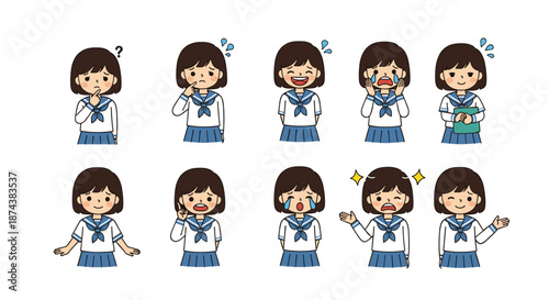 Comprehensive set of cute schoolgirl character poses showing different emotions and activities for educational design.
