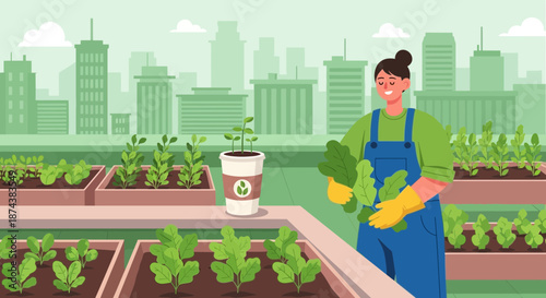 Woman tending to rooftop garden with urban skyline backdrop.