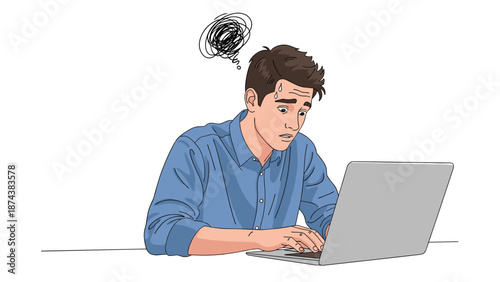 Worried businessman looking at a laptop screen with stress and a sweat drop while facing a difficult work problem.