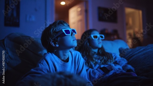 Children watching 3d movie with glasses isolated on transparent background